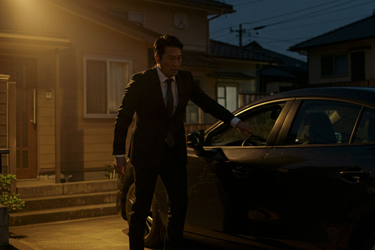 深夜に車で出かけようとする男性